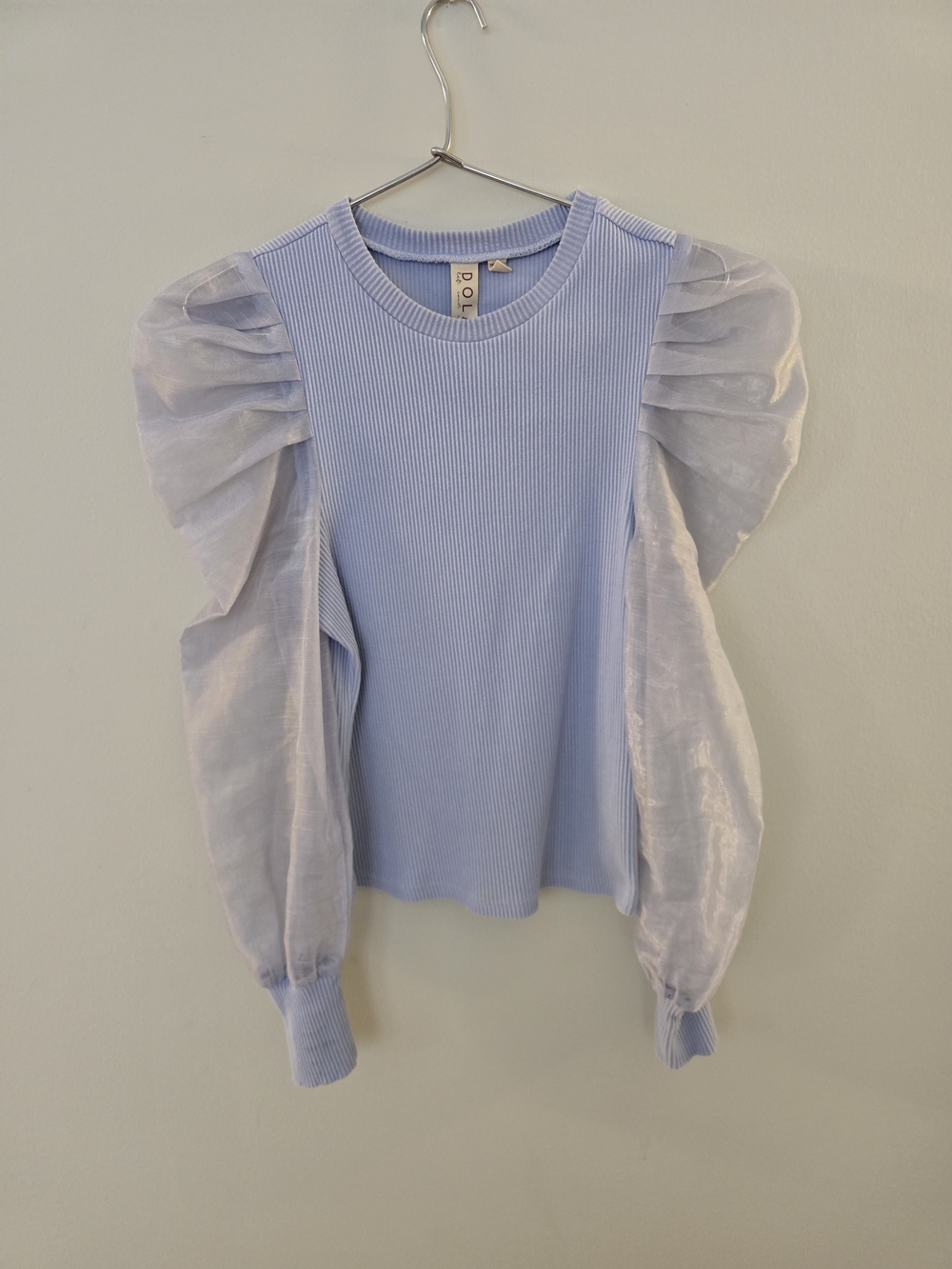 Anthropologie Dolan Ribbed Sheer Puff Sleeve Blouse Light Blue Small